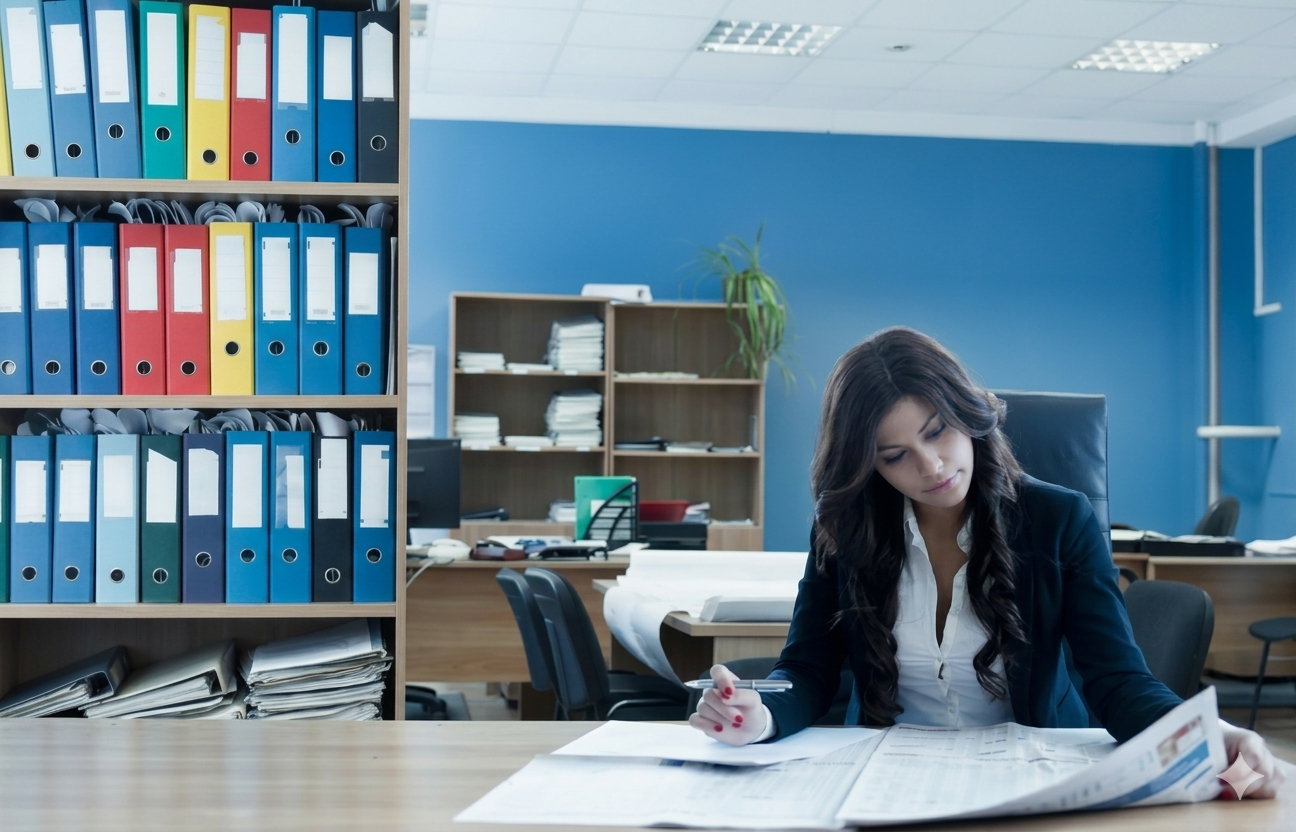 Professional woman reviewing documents at office desk