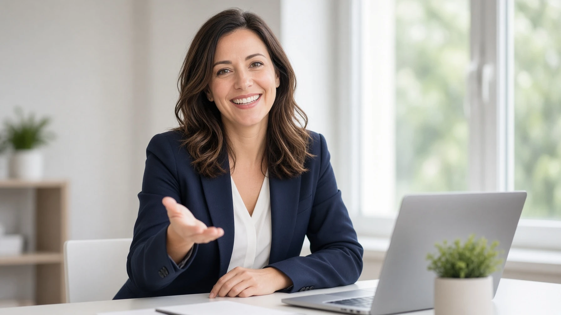 A CPA smiling and gesturing in welcome at a bright office desk