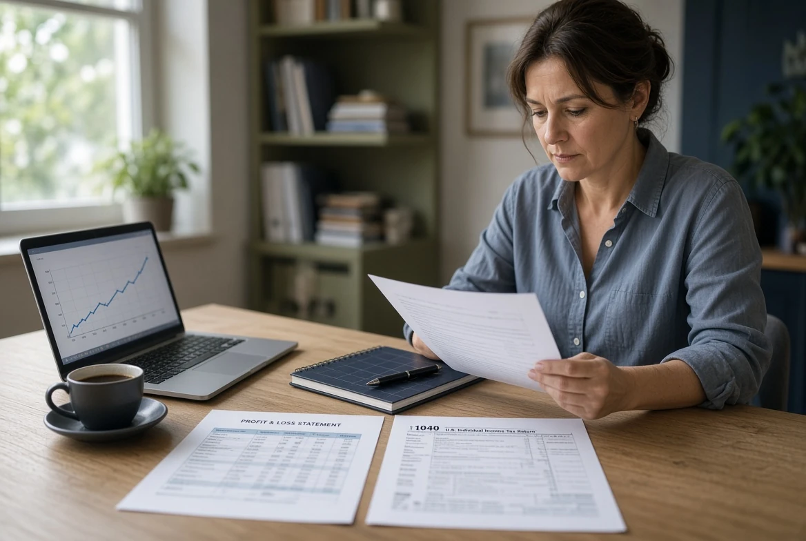 A consultant at a home office desk reviewing paperwork, with a profit and loss statement and a personal tax return laid side by side