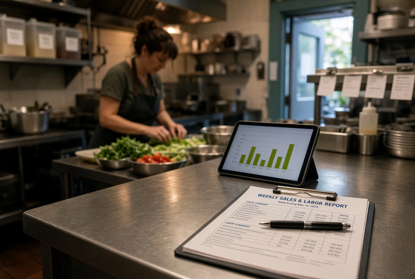 A weekly sales and labor report on a clipboard and a tablet showing a bar chart on a steel counter in a restaurant kitchen, with a cook prepping vegetables behind