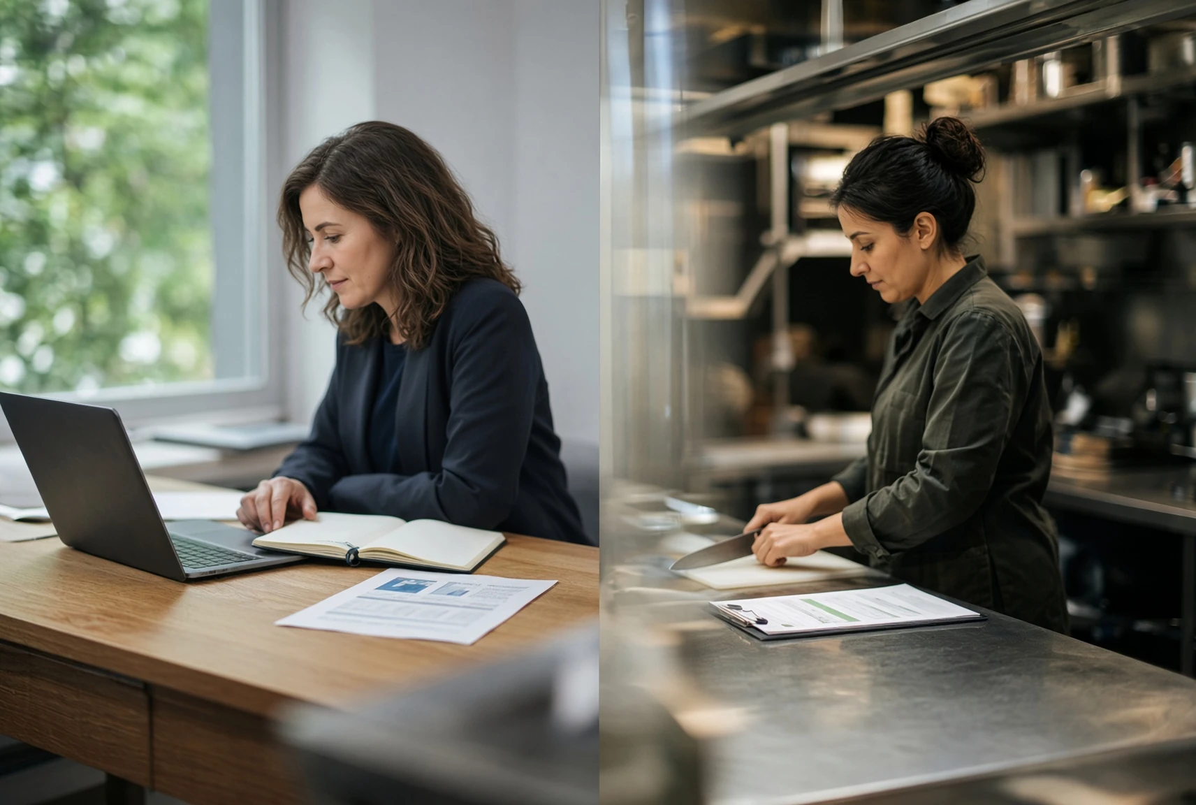 Two workplaces side by side: a consultant at a laptop by a window, and a cook at a steel kitchen counter with a weekly report on a clipboard