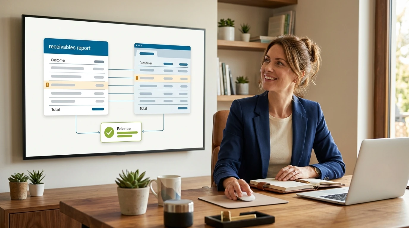 Two receivables ledgers side by side with mismatched totals, connected by a reconciliation checklist that brings them to one matching balance
