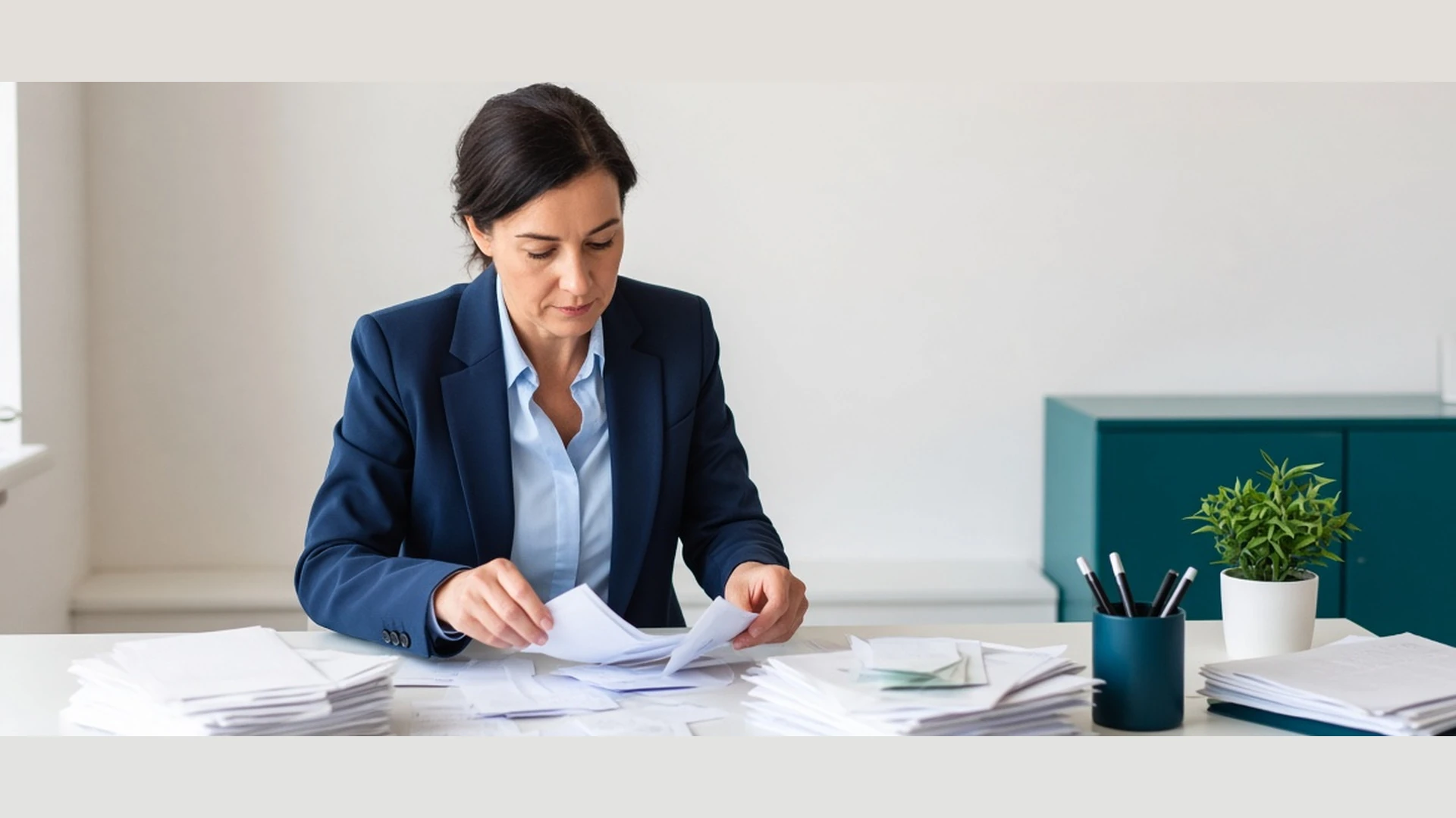 A small business owner sorting through a backlog of receipts and bank statements to catch up on bookkeeping