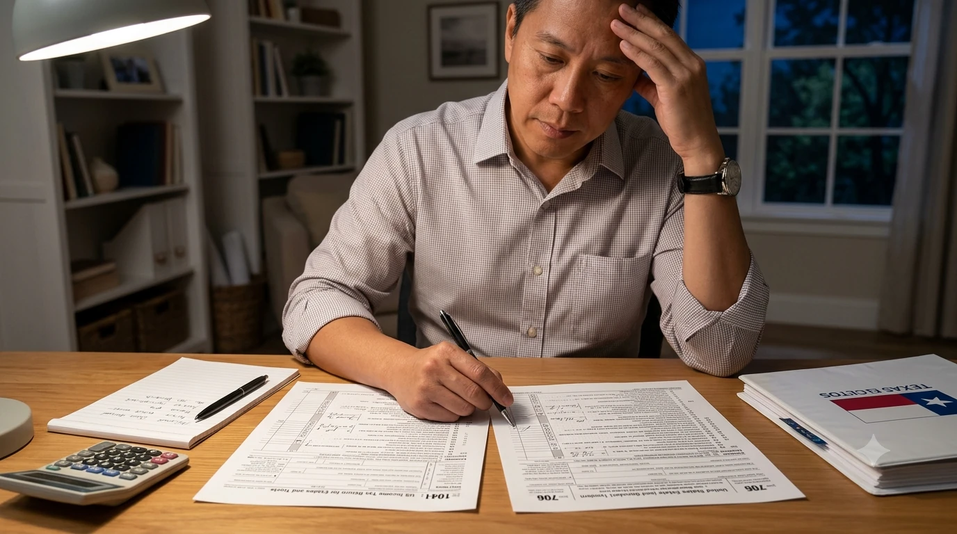 Executor comparing two IRS tax forms and estate documents at a desk