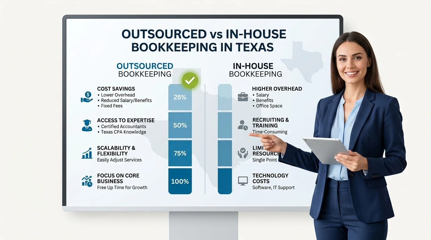 Graphic comparing visible and hidden costs of DIY, in-house, and outsourced bookkeeping as stacked bars