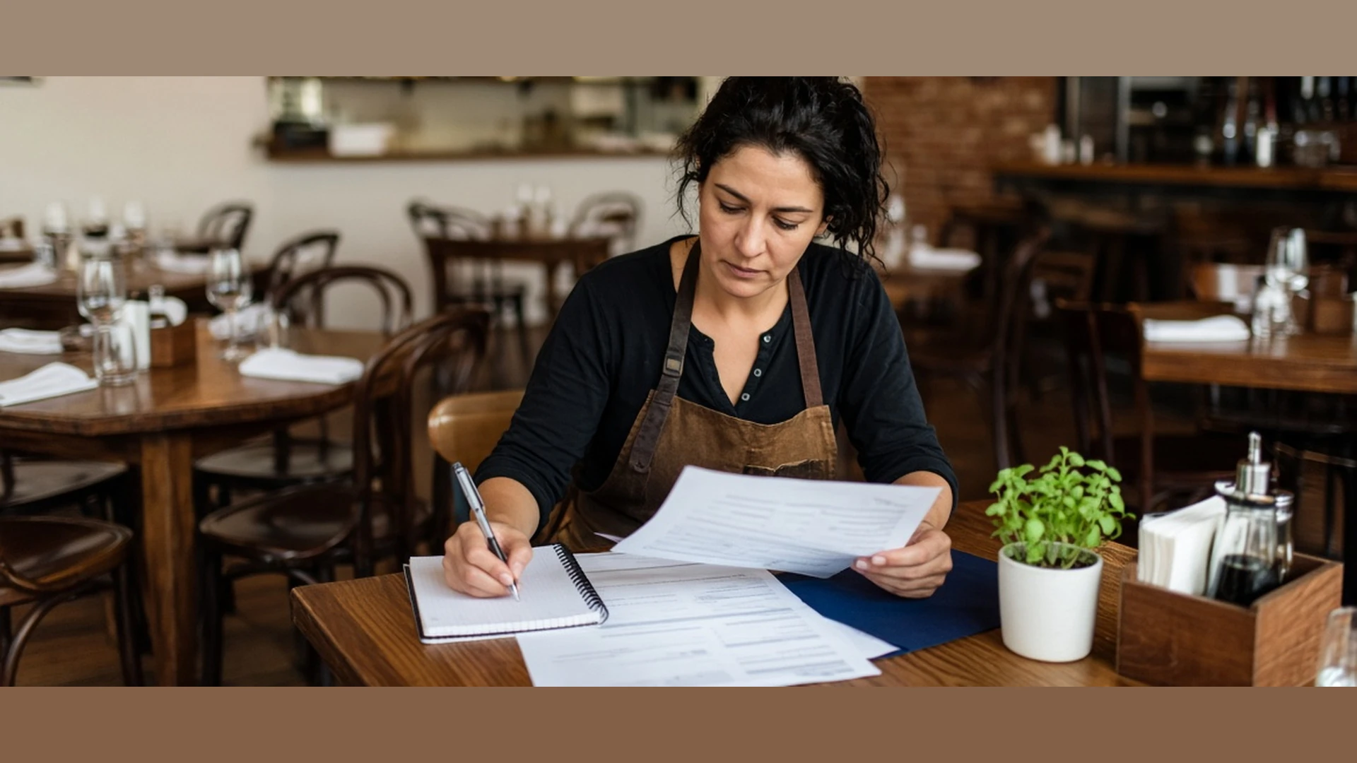 Restaurant owner reviewing weekly sales and labor reports at a table in an empty dining room