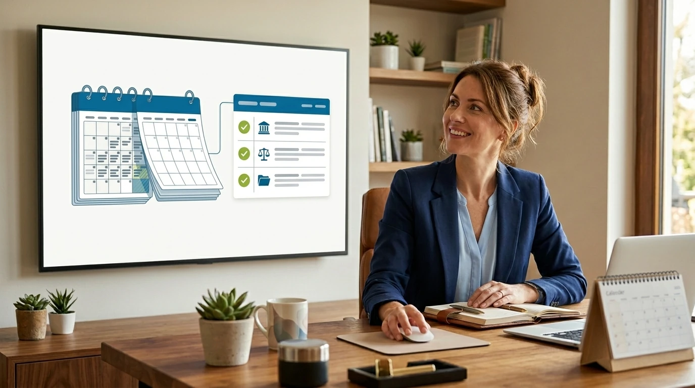 Calendar turning from December 31 to January 1 beside a clean accounting ledger, with check marks on opening balances, bank feeds and document folders