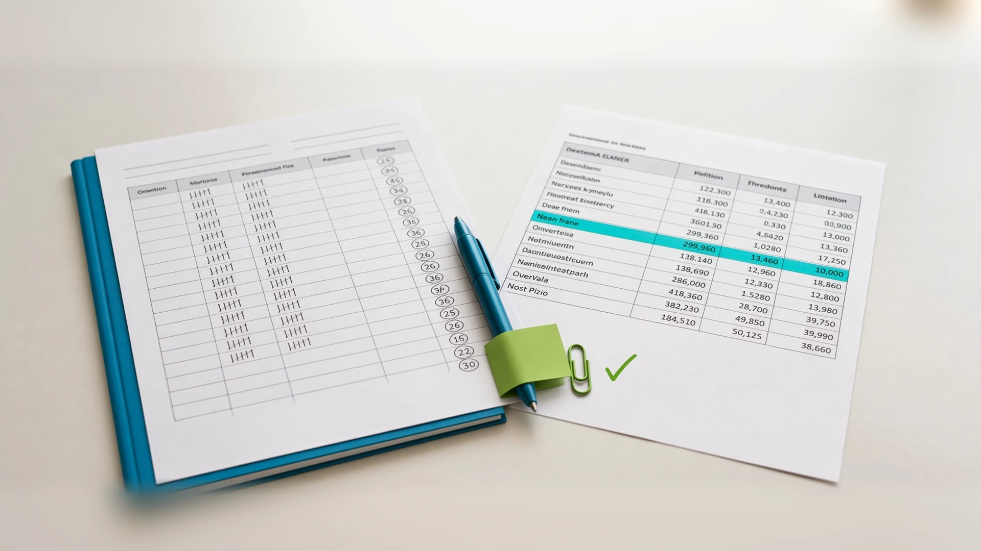 A stock count sheet with tally marks beside a printed cost report with one row highlighted, a pen and a check mark between them