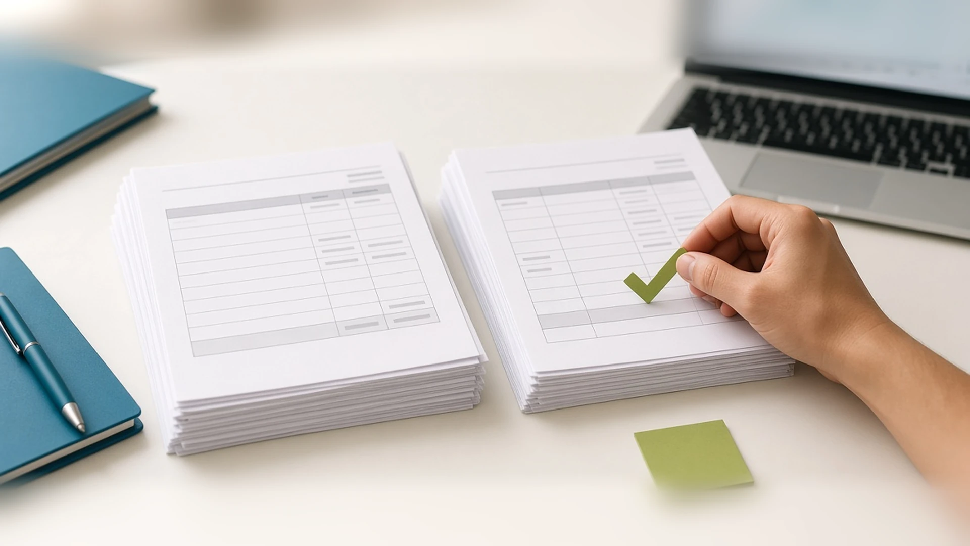 Two matching stacks of printed ledger reports side by side on a desk, with a hand placing a green check mark on the second stack