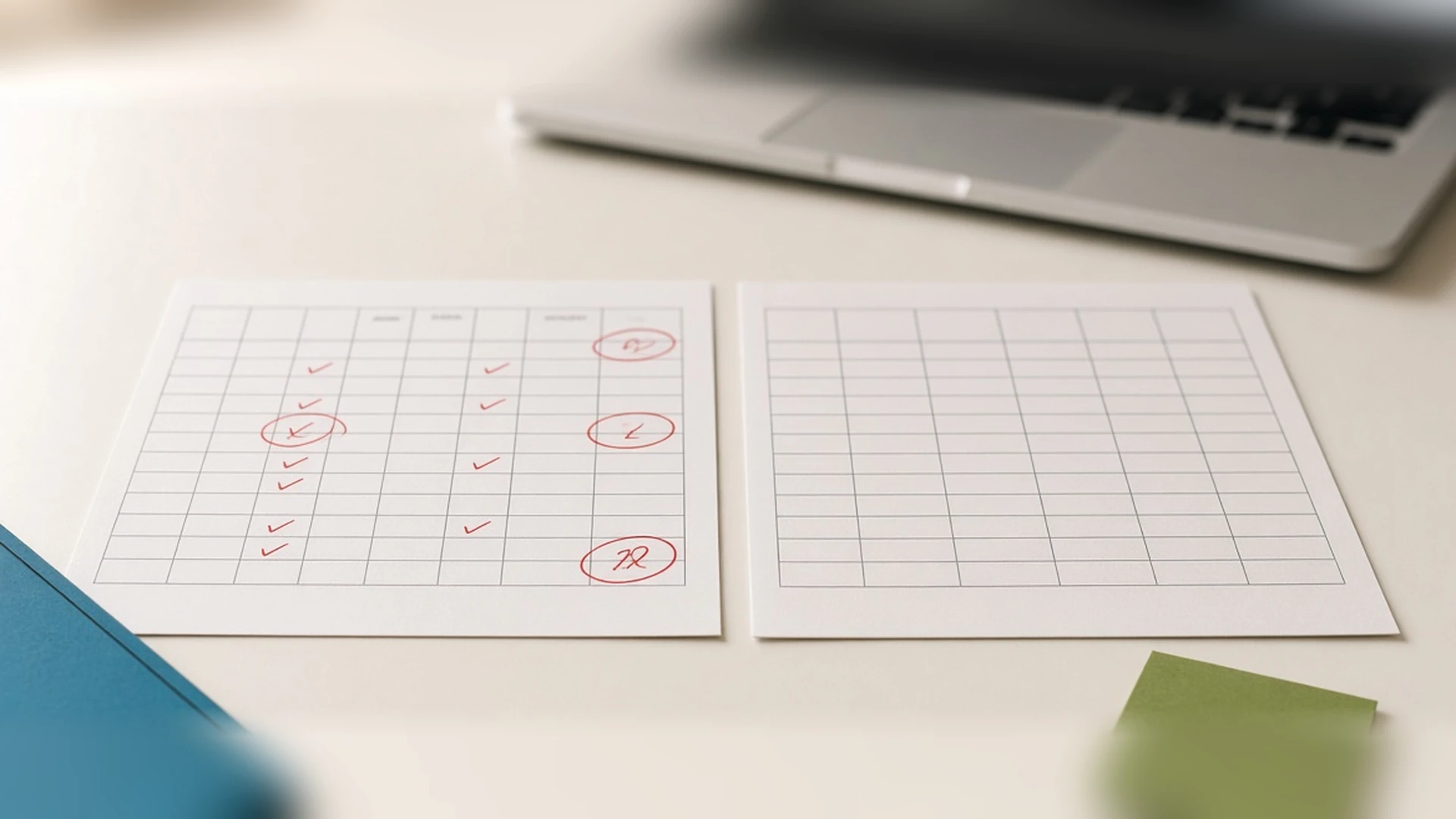 Two printed ledger worksheets on a desk, one marked with red check marks and circled corrections, the other still blank, beside a laptop