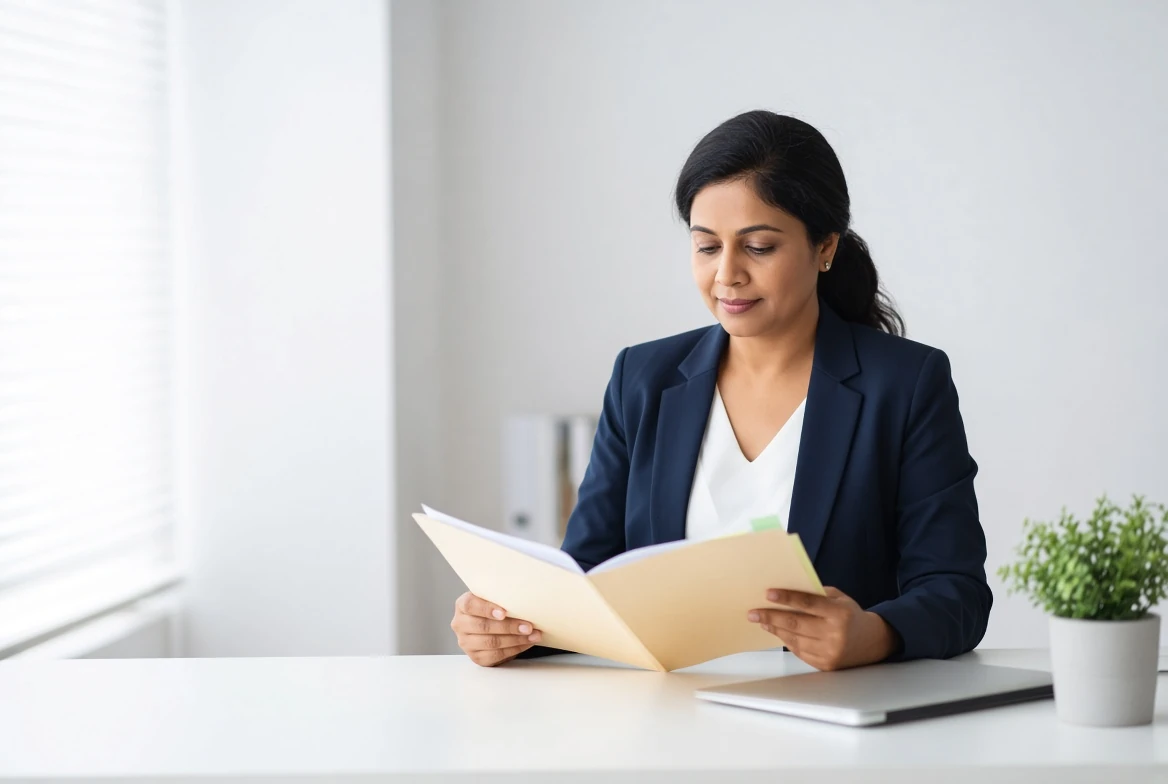 A CPA in a navy blazer reviewing a folder of documents at a bright office desk