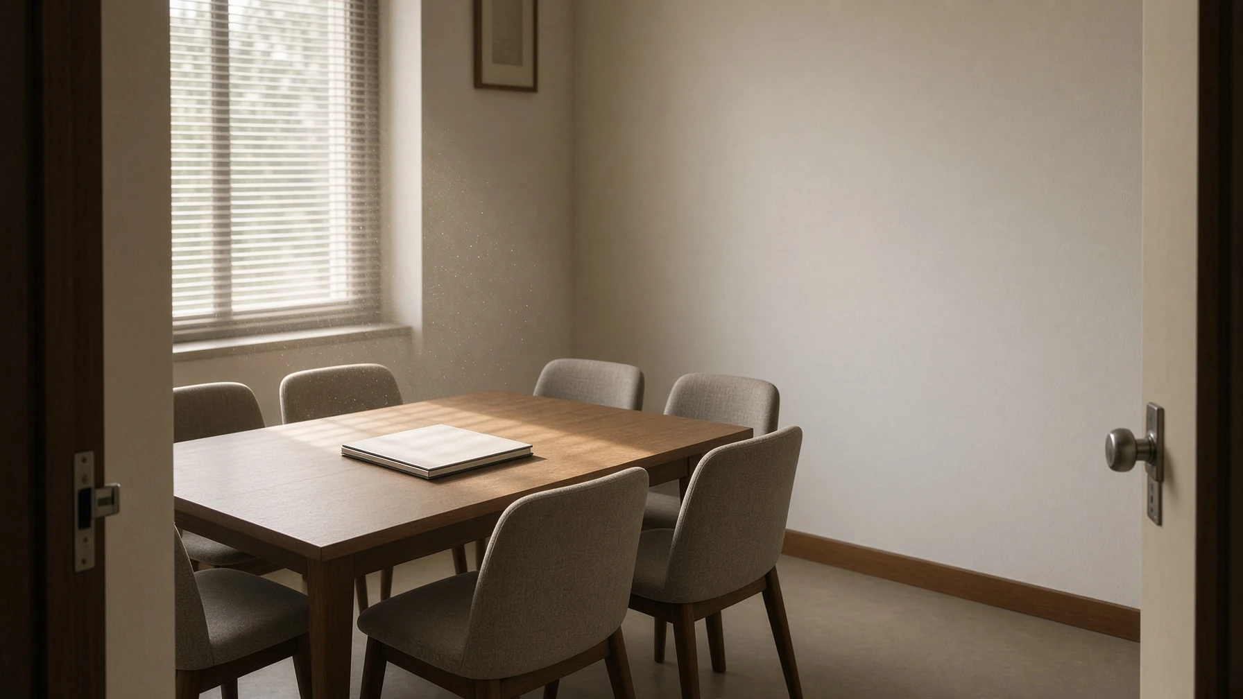An empty meeting room with a wooden conference table and six chairs, lit by soft window light, with the door left ajar